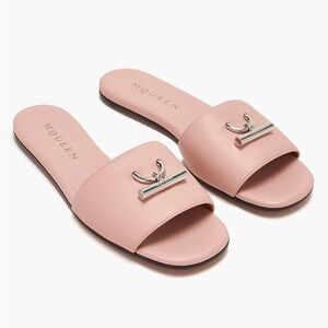 Alexander McQueen T Bar leather slide sandals 37 $790 new in box blush silver